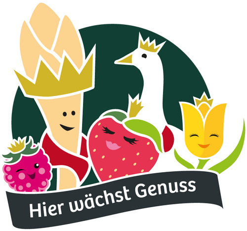 Himbeere, Spargel, Erdbeere, Gans und Tulpe mit fröhlichen Gesichtern über dem Schriftzug "Hier wächst Genuss"